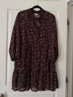 American Eagle Long Sleeve Dress Button Top Tie Chiffon Babydoll Floral L Large